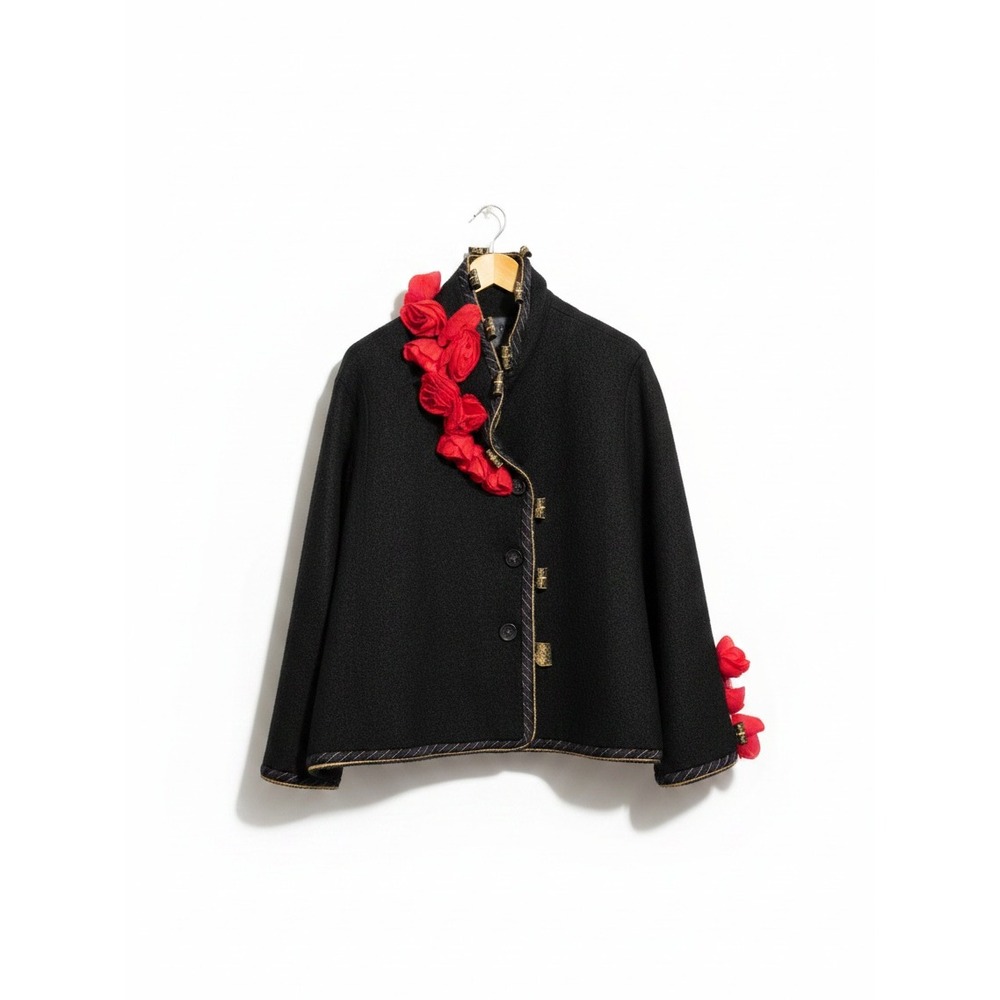 Covelo Wearable Rose Art Jacket 100% Wool Black With Red Organza Roses Size L